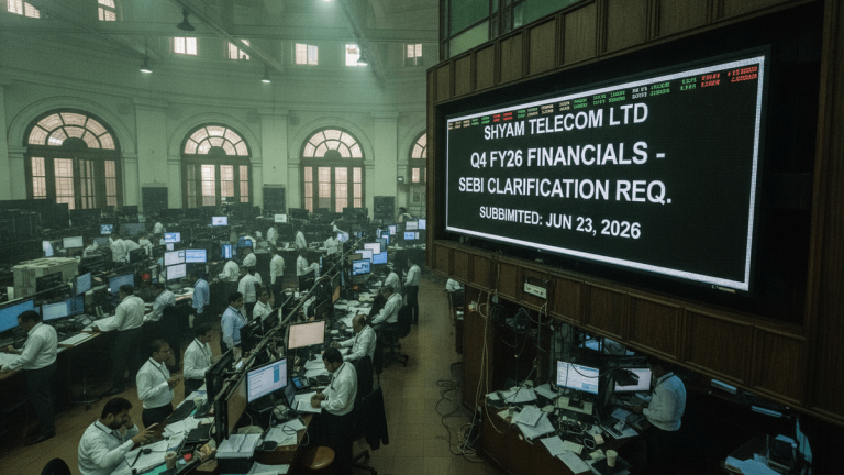 An expansive trading floor filled with brokers at their desks, with a large screen displaying "SHYAM TELECOM LTD Q4 FY26 FINANCIALS - SEBI CLARIFICATION REQ. SUBMITTED: JUN 23, 2026".