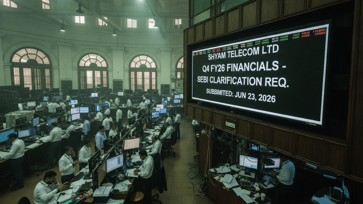 An expansive trading floor filled with brokers at their desks, with a large screen displaying "SHYAM TELECOM LTD Q4 FY26 FINANCIALS - SEBI CLARIFICATION REQ. SUBMITTED: JUN 23, 2026".