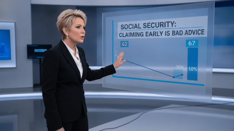 Suze Orman, dressed in a dark suit, stands in a modern studio, gesturing towards a translucent screen displaying a graph about Social Security.