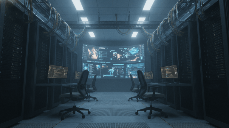 An interior shot of a server room with glowing computer screens displaying various video game interfaces and data visualizations.