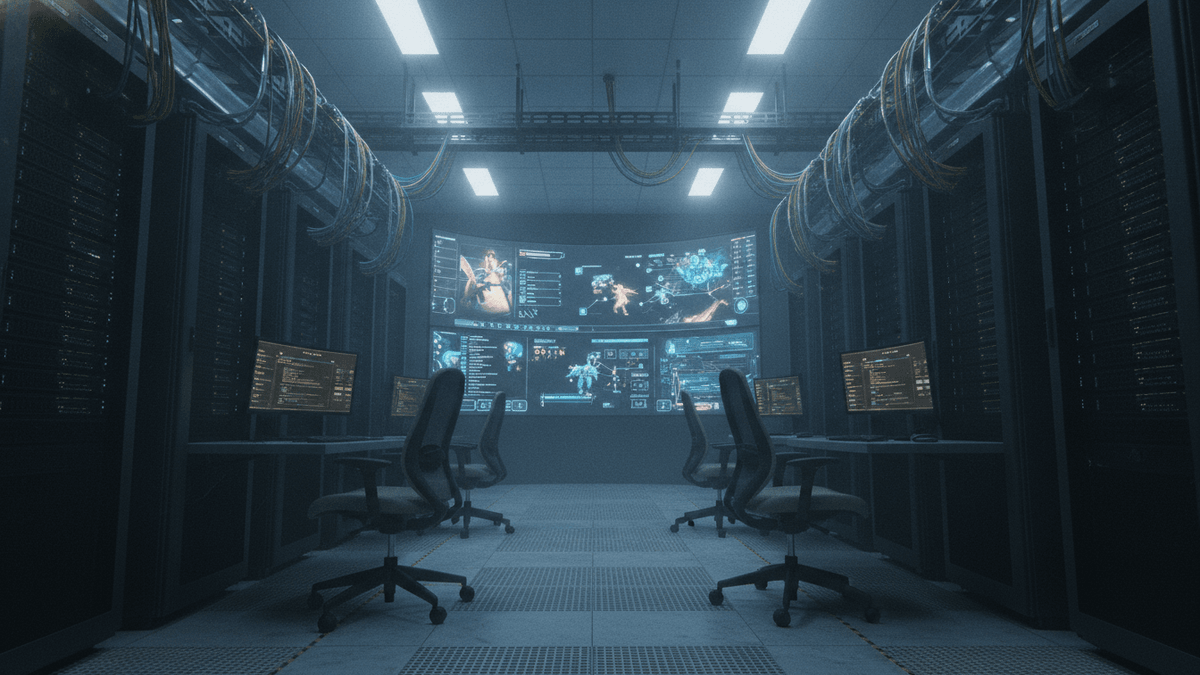 An interior shot of a server room with glowing computer screens displaying various video game interfaces and data visualizations.