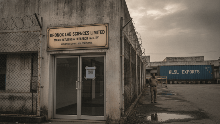 A concrete building with a sign for "Kronox Lab Sciences Limited" above double glass doors, next to a chain-link fence topped with barbed wire. A security guard stands outside.
