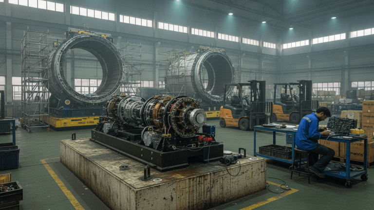 A wide shot of a large industrial factory floor with massive ring-shaped components and a worker at a bench.