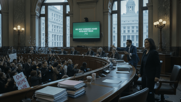 A wide shot of a large, ornate meeting room with a long, curved table. People are celebrating, confetti falls. A large screen reads "NYC RENT GUIDELINES BOARD VOTES RENT FREEZE 7-1".