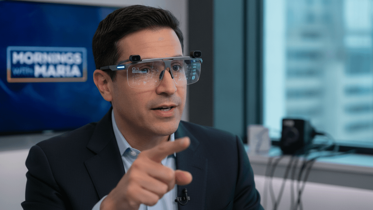 A man in a suit wearing transparent smart glasses with overlaid digital information, gesturing during a TV interview.