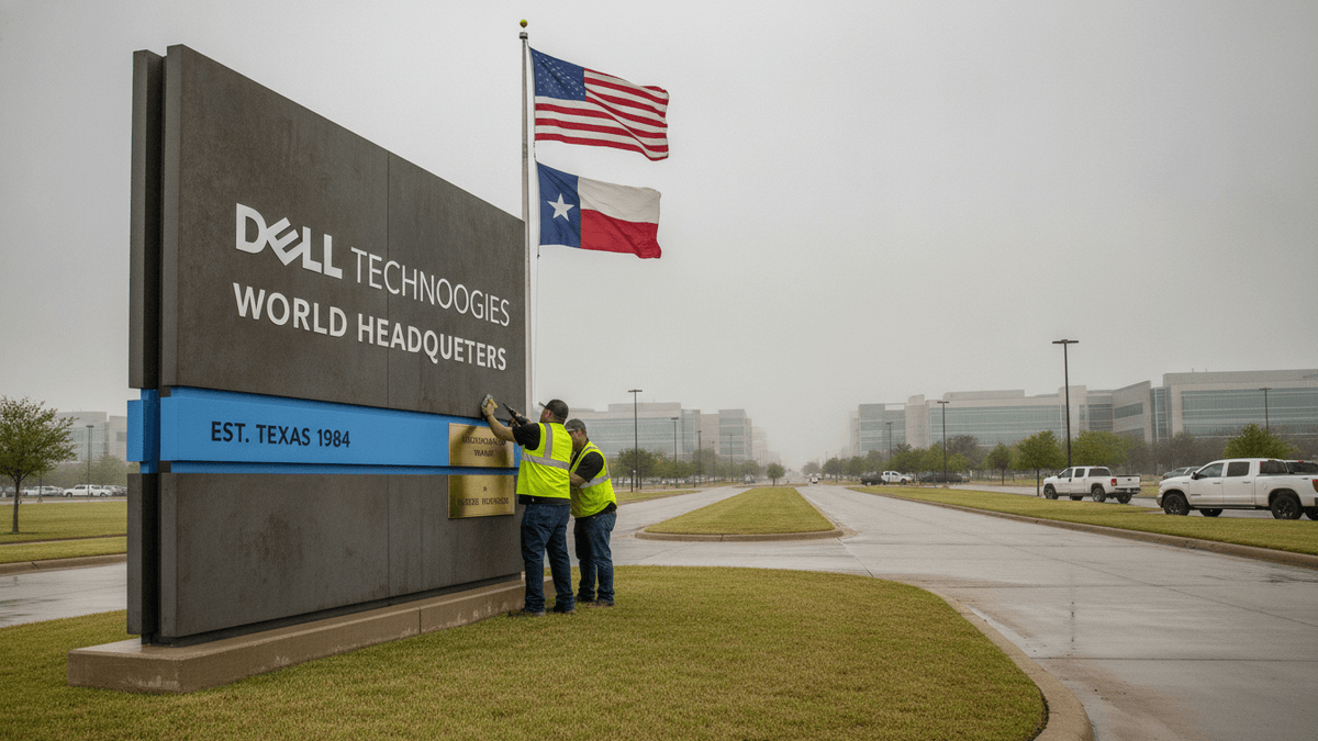 Two workers in high-visibility vests update a large "DELL TECHNOLOGIES WORLD HEADQUARTERS" sign under overcast skies.