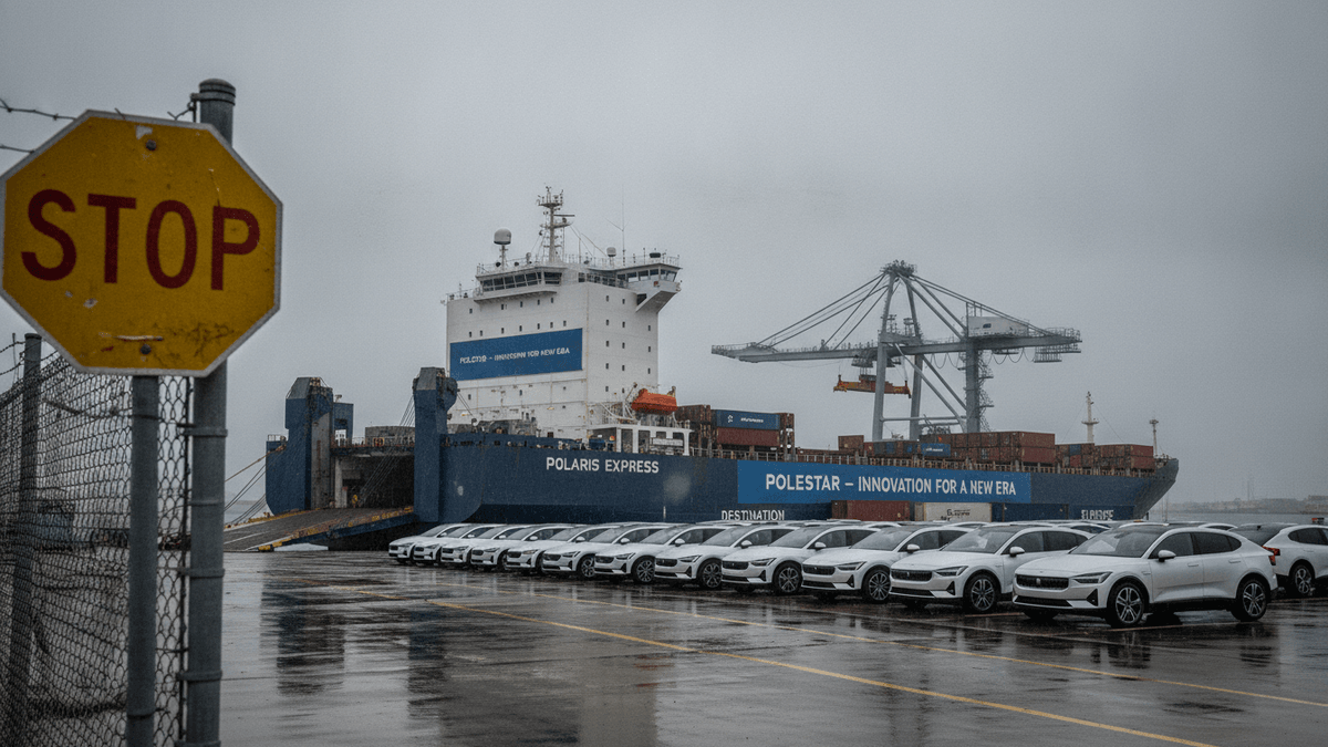 A yellow 'STOP' sign on a chain-link fence in the foreground, with a line of white Polestar vehicles parked on wet tarmac, and a large cargo ship behind them at a port under an overcast sky.