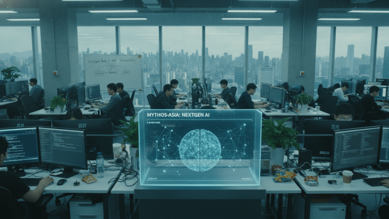 A wide shot of a modern, open-plan office in an Asian city, with many young men working at computer terminals. In the foreground, a glowing blue holographic display shows a brain graphic and the text "MYTHOS-ASIA: NEXTGEN AI".