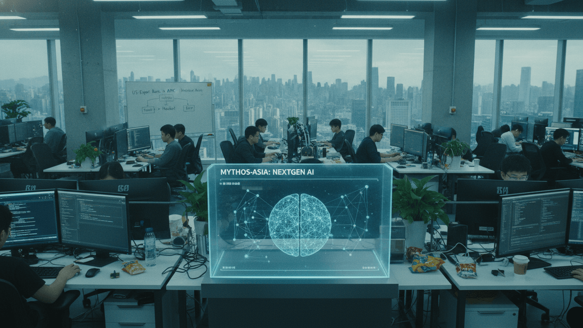 A wide shot of a modern, open-plan office in an Asian city, with many young men working at computer terminals. In the foreground, a glowing blue holographic display shows a brain graphic and the text "MYTHOS-ASIA: NEXTGEN AI".