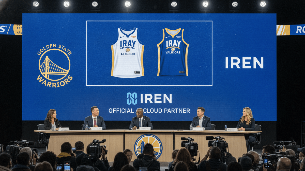 Five executives seated at a press conference table with a large screen displaying the Golden State Warriors logo and IREN branding.