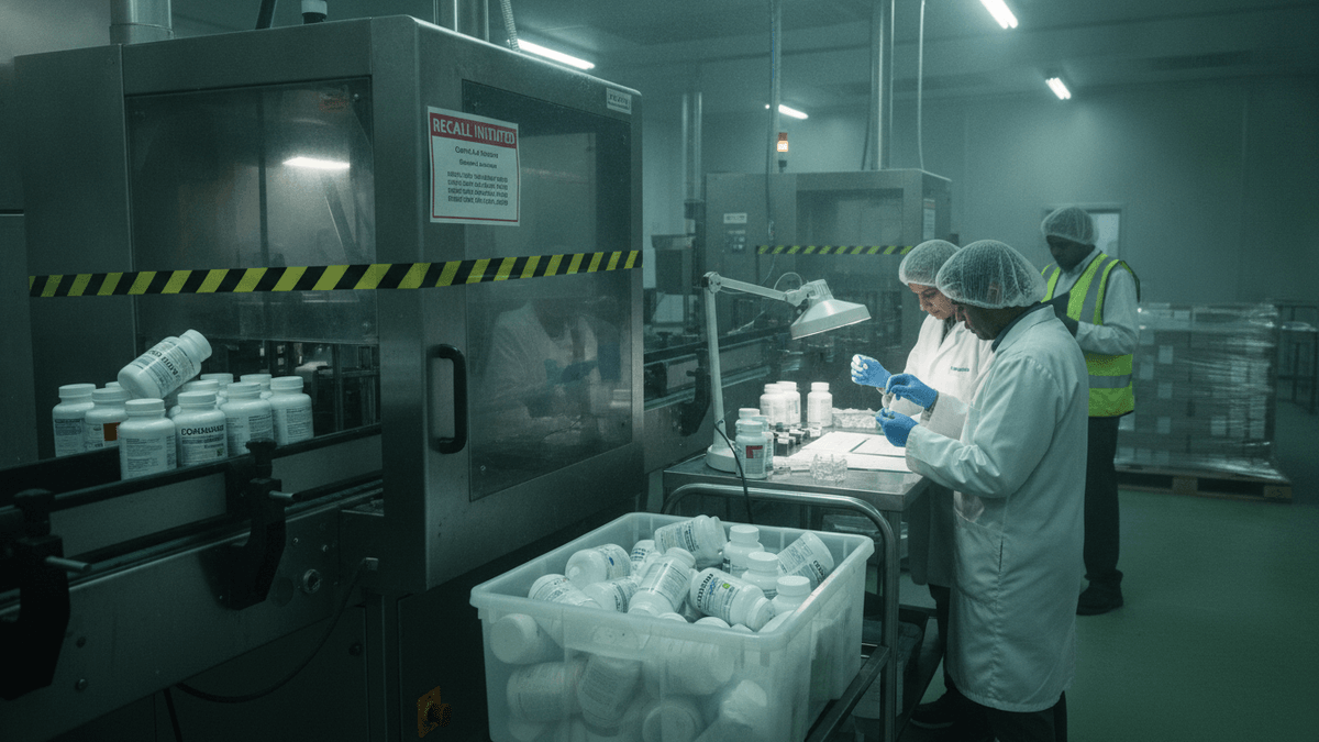 Wide shot of a sterile pharmaceutical packaging facility, showing workers inspecting bottles on a stainless steel table, with a recall sign visible on machinery.