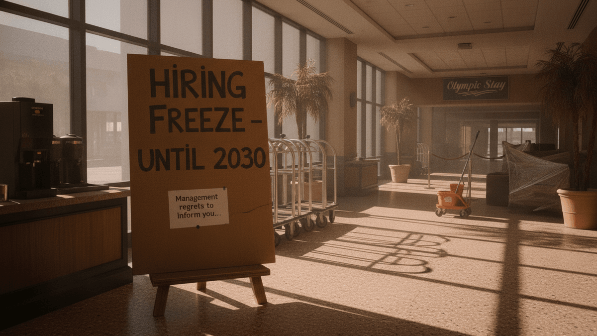 A large, handwritten "Hiring Freeze - Until 2030" sign on an easel in a dimly lit hotel lobby, with bellhop carts and cleaning supplies visible.