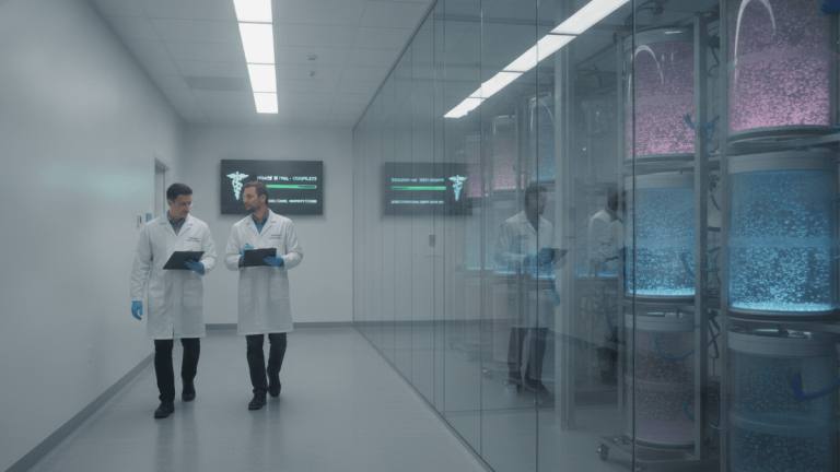 Two scientists in lab coats and gloves walk down a sterile white hallway next to a lab with large, illuminated bioreactors.