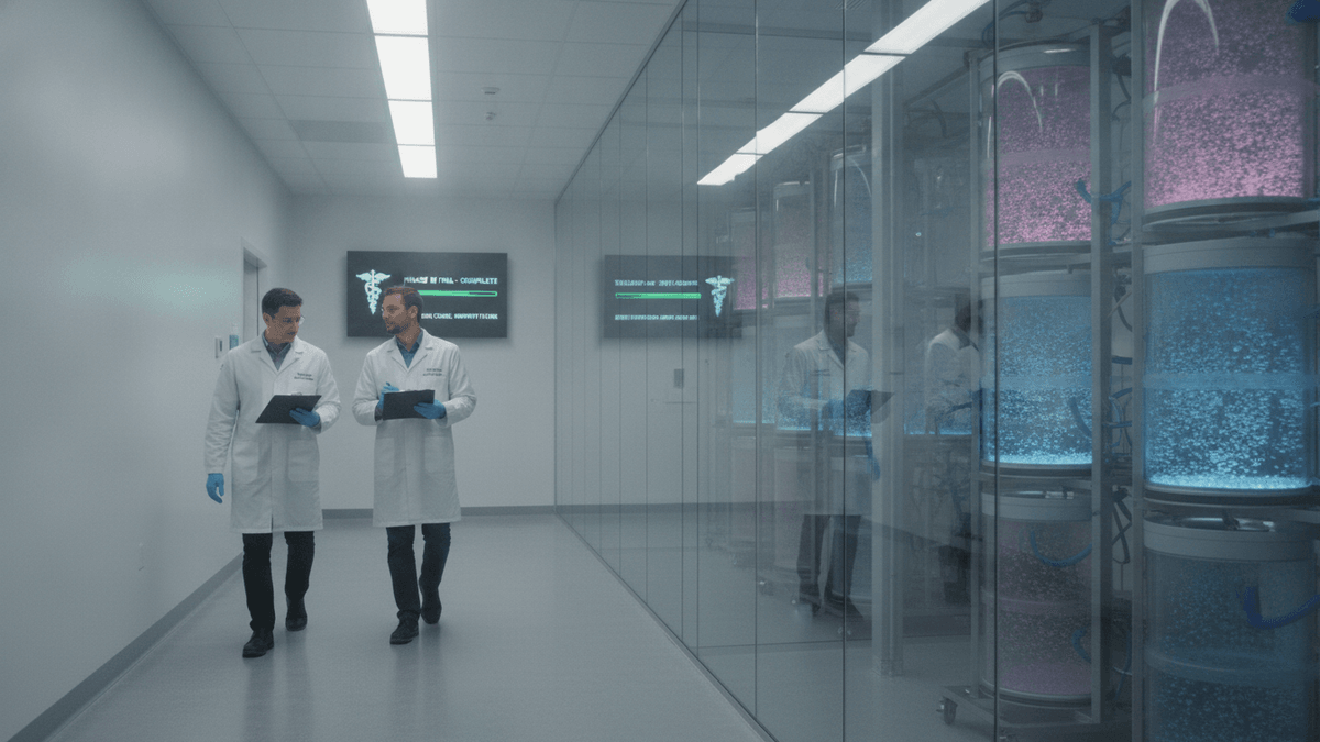 Two scientists in lab coats and gloves walk down a sterile white hallway next to a lab with large, illuminated bioreactors.