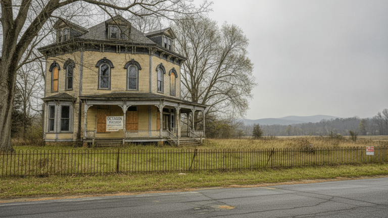 An old, faded yellow octagon mansion with boarded-up windows stands behind a rusty fence on a cloudy day.