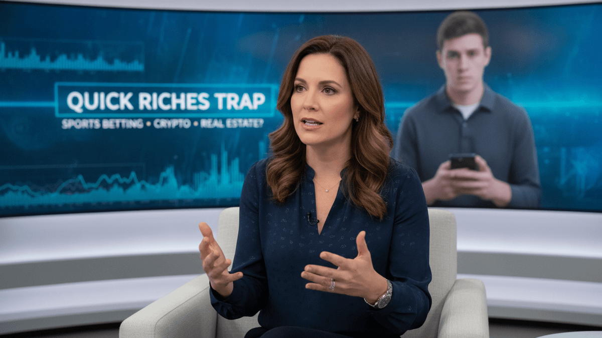 Rachel Cruze, wearing a blue patterned top, speaks animatedly in a studio setting. Behind her, a large curved screen displays financial graphics and a young man looking at his phone.
