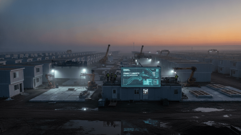 An aerial shot of a modular housing construction site at dusk with fog. Bright screens on central buildings show AI schematics.