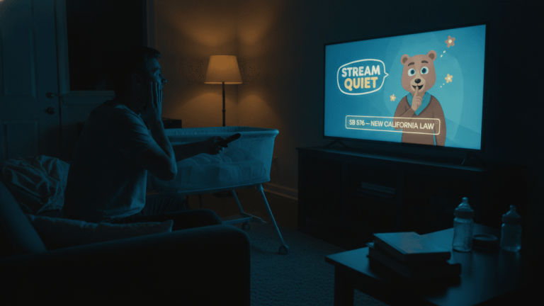 A man sits on a couch in a dimly lit living room, holding a TV remote and reacting to a loud streaming ad on screen.