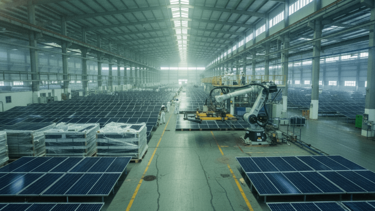 An ultra-realistic photograph shows a vast, industrial factory interior with numerous solar panels on the floor and assembly lines.
