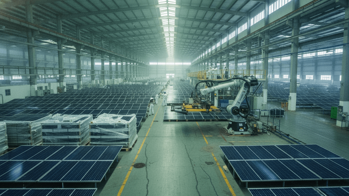 An ultra-realistic photograph shows a vast, industrial factory interior with numerous solar panels on the floor and assembly lines.