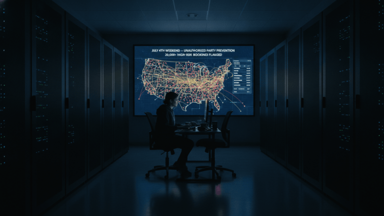 A silhouette of a person working at a desk in a dark server room, facing a large screen displaying a map of the United States.