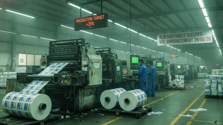 Wide shot of a large, industrial printing facility with multiple large machines processing rolls of material. Two workers in blue uniforms observe control panels. Signs indicating "PRODUCTION TARGET +20%" and "NEW CONTRACTS SECURED - NSE ANNOUNCEMENT 29/06/26" are visible.