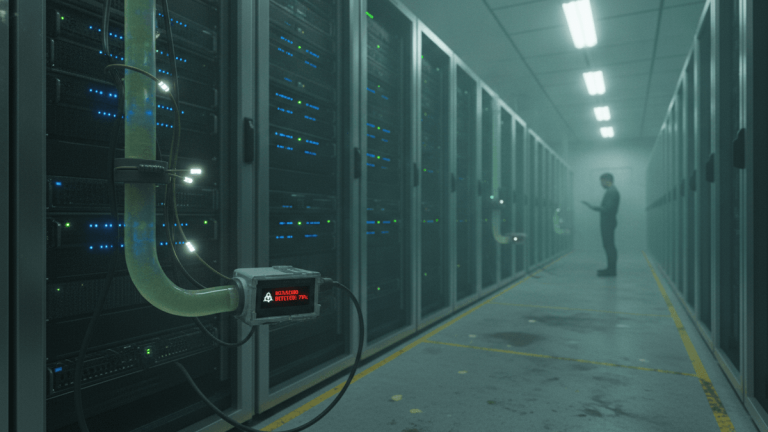 A data center aisle with rows of server racks, illuminated by fluorescent lights. A technician stands at the far end.