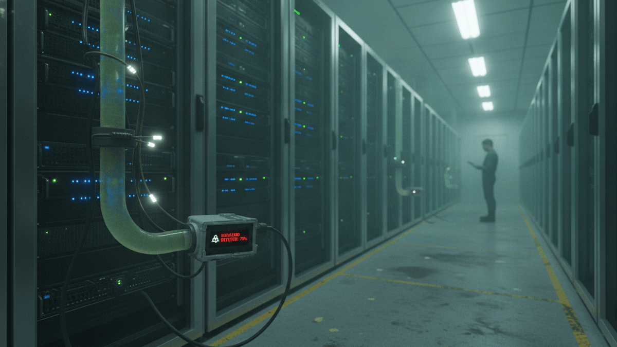 A data center aisle with rows of server racks, illuminated by fluorescent lights. A technician stands at the far end.