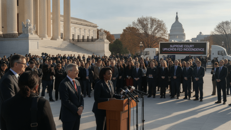 A crowd gathers outside the US Supreme Court building, listening to a speaker at a podium. The Capitol building is visible in the background.