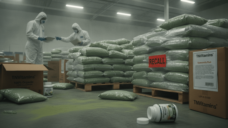 An industrial warehouse with workers in white hazmat suits among stacks of green-bagged products and boxes labeled "TNVitamins." A red "RECALL" sign is visible.