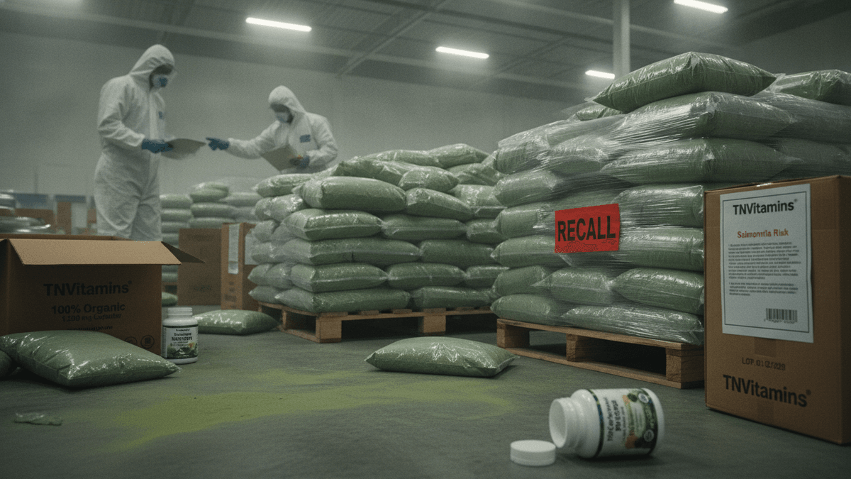 An industrial warehouse with workers in white hazmat suits among stacks of green-bagged products and boxes labeled "TNVitamins." A red "RECALL" sign is visible.