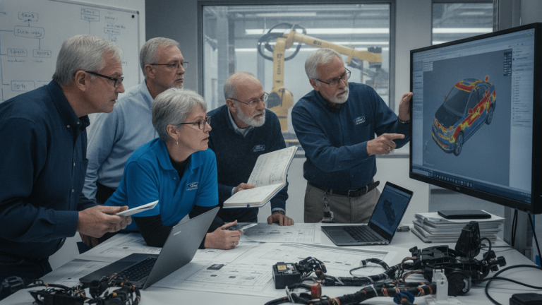 Five Ford engineers, some older, some younger, observe a detailed car model on a large monitor.