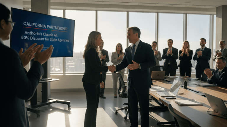 California Governor Gavin Newsom shaking hands with an Anthropic executive in a modern conference room with a large screen displaying "California Partnership."
