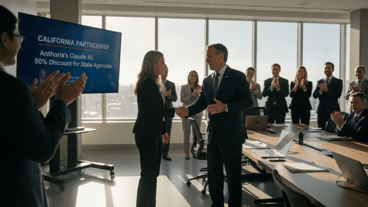 California Governor Gavin Newsom shaking hands with an Anthropic executive in a modern conference room with a large screen displaying "California Partnership."