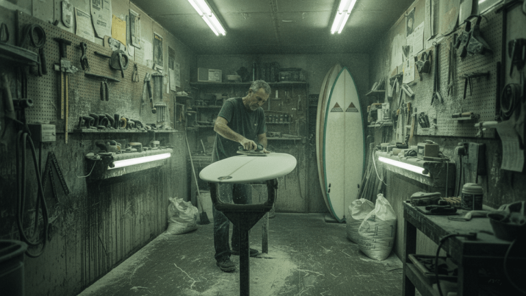 A man grinds a surfboard in a workshop full of tools, dust, and finished boards. Fluorescent lights illuminate the scene.