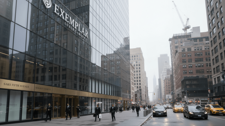 A wide shot of a modern glass high-rise building with "EXEMPLAR LUXURY GROUP" signage, reflecting a cloudy sky. A busy city street with cars and pedestrians is visible below.