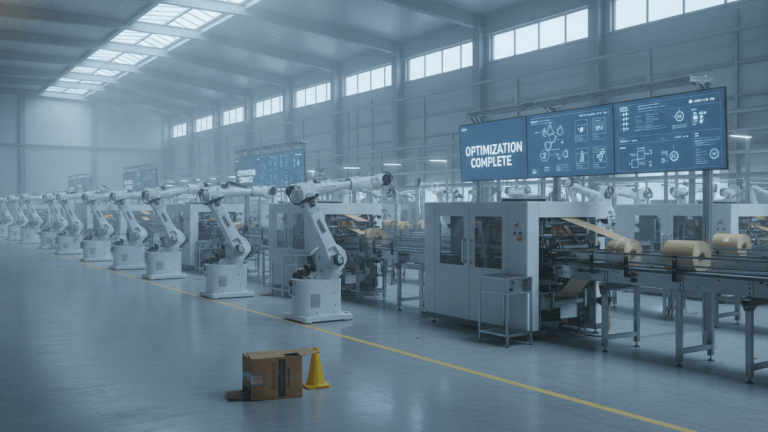 Wide shot of a brightly lit factory floor with rows of white robotic arms, conveyor belts, and digital display screens showing data.