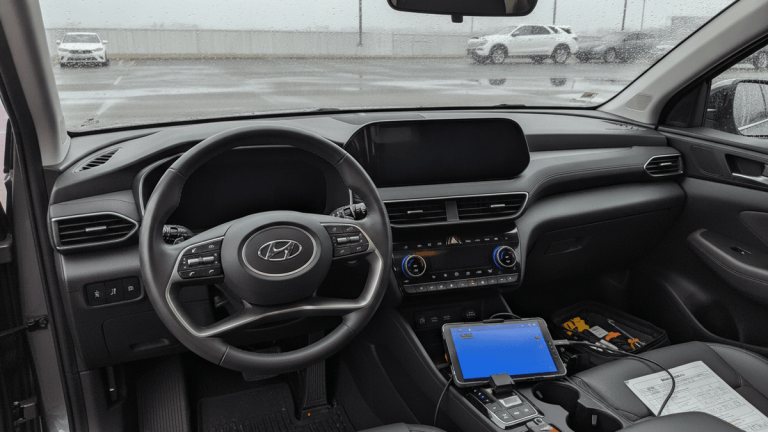 View from inside a car of the dashboard, steering wheel, and front passenger area. A tablet is connected to the console.
