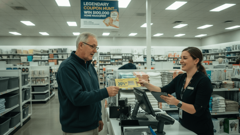 An older man in a blue sweater hands a yellow Bed Bath & Beyond coupon to a smiling female employee at a checkout counter.
