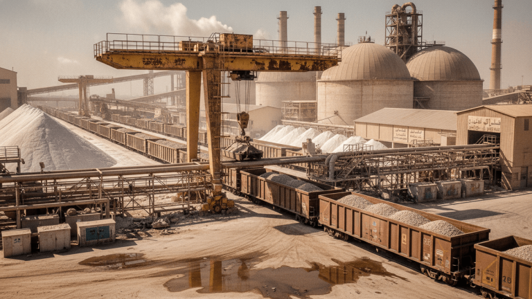 An industrial landscape with a gantry crane loading rock phosphate into train cars, surrounded by piles of raw materials and factory buildings.