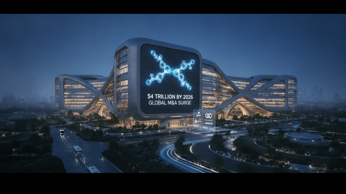 An ultra-realistic architectural photograph of a modern, curved corporate building at dusk, featuring a large screen displaying "GLOBAL M&A SURGE $4 TRILLION BY 2026."