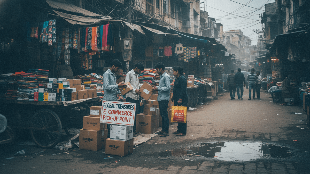 A group of people stand around a handcart laden with cardboard boxes, many bearing the Amazon logo, in a narrow, crowded market street.