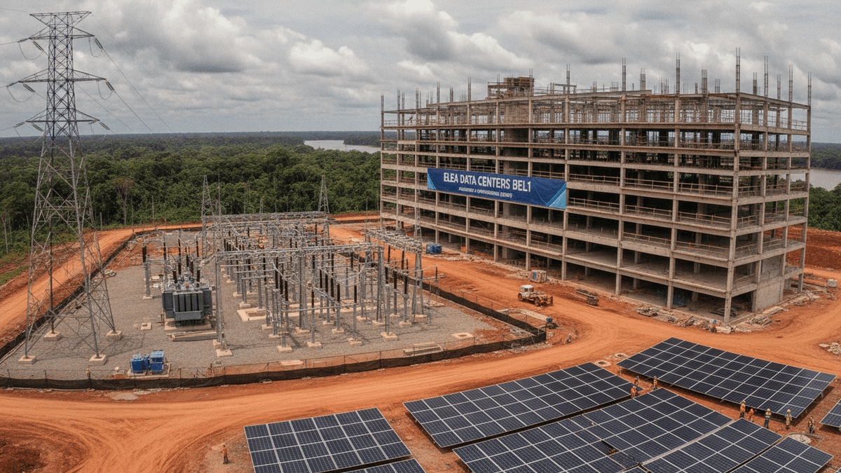 An aerial shot shows the multi-story concrete shell of the Elea Data Centers BEL1 facility under construction in a tropical setting, with a substation, solar panels, and transmission tower nearby.