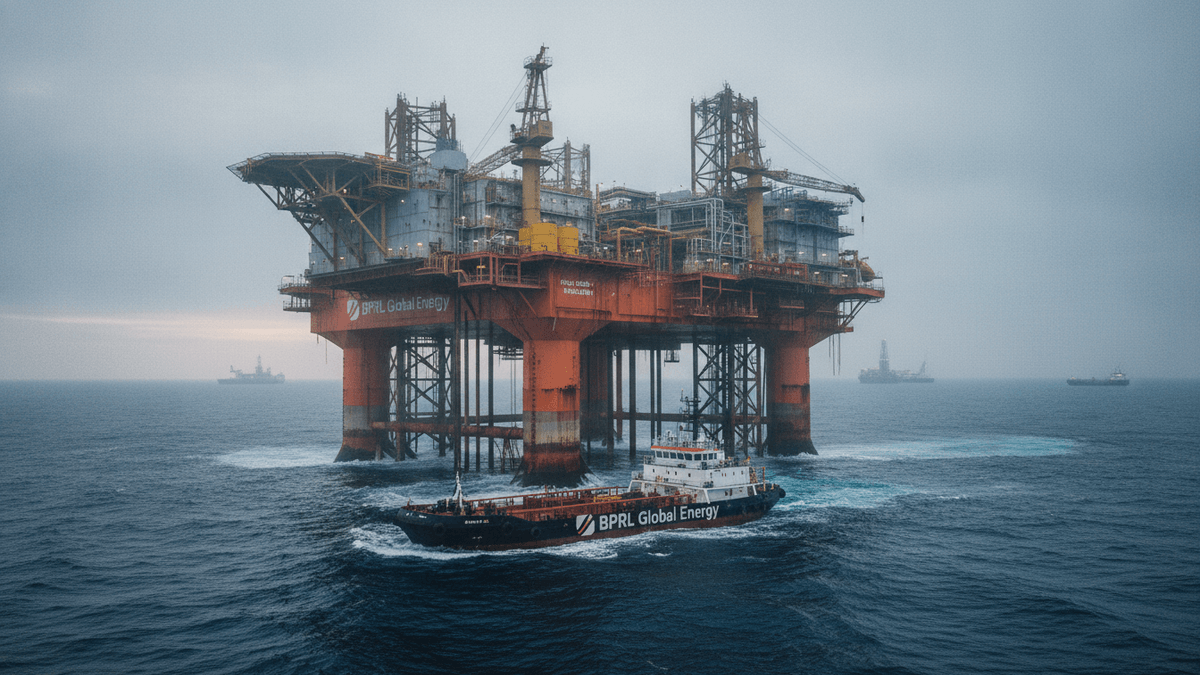 An ultra-realistic editorial photograph of a large offshore oil platform, painted orange and grey, standing in the middle of a vast ocean under a diffuse, overcast sky. A support vessel, labeled "BPRL GLOBAL ENERGY," navigates near the platform. Distant ships are visible on the horizon.