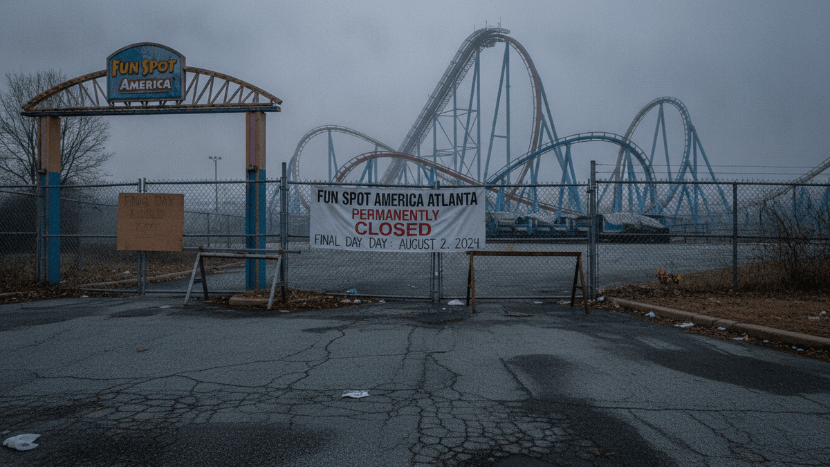 A wide shot of the entrance to a closed amusement park, featuring a "Permanently Closed" banner on a chain-link fence, with roller coaster tracks visible through a dense fog.