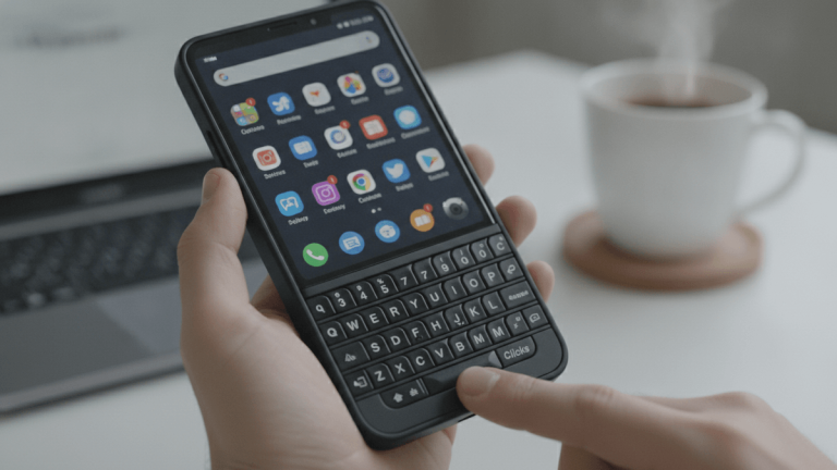 Close-up of hands holding a black Clicks Communicator smartphone, with a physical QWERTY keyboard at the bottom, displaying a grid of app icons on its screen. A steaming coffee mug and laptop are out of focus in the background.