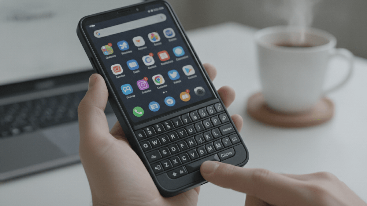 Close-up of hands holding a black Clicks Communicator smartphone, with a physical QWERTY keyboard at the bottom, displaying a grid of app icons on its screen. A steaming coffee mug and laptop are out of focus in the background.
