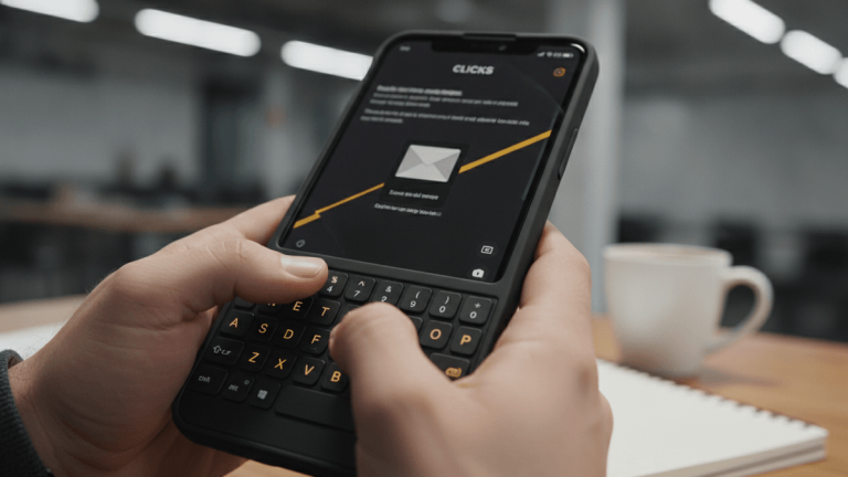 Close-up of hands holding a black smartphone with a physical QWERTY keyboard attached, typing on the keys, screen shows a "CLICKS" logo.