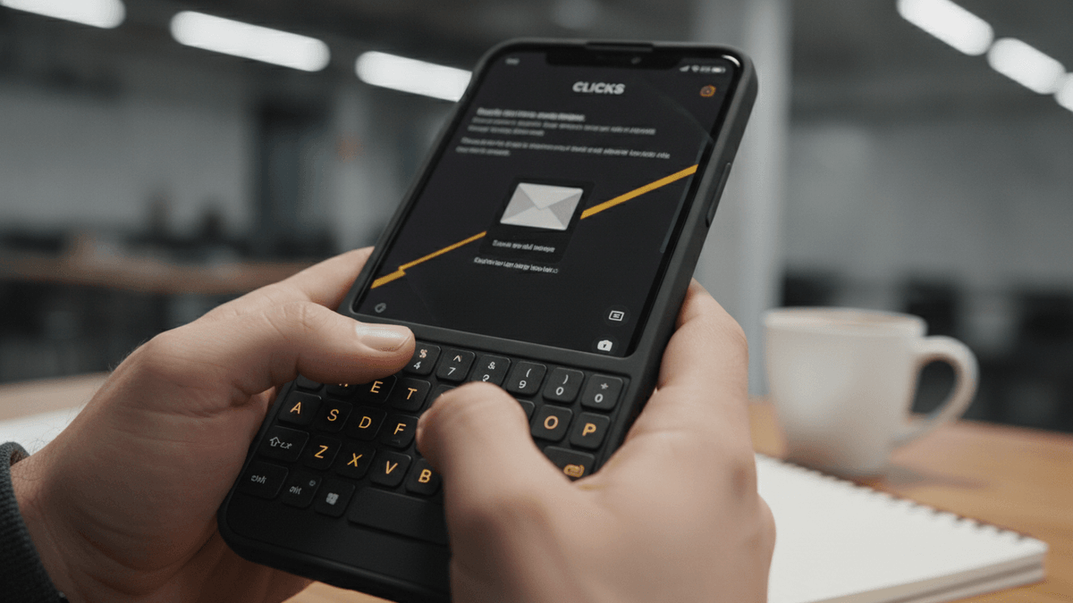 Close-up of hands holding a black smartphone with a physical QWERTY keyboard attached, typing on the keys, screen shows a "CLICKS" logo.