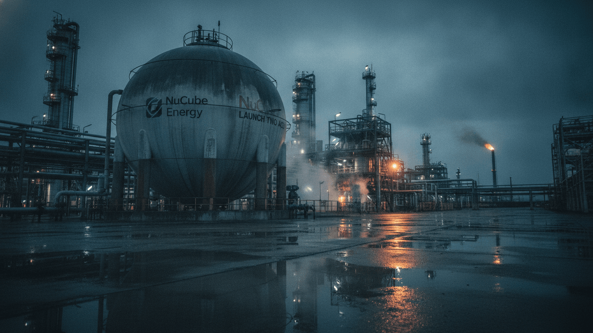 An industrial chemical plant at dusk, with large spherical storage tanks and tall distillation columns against a cloudy sky.